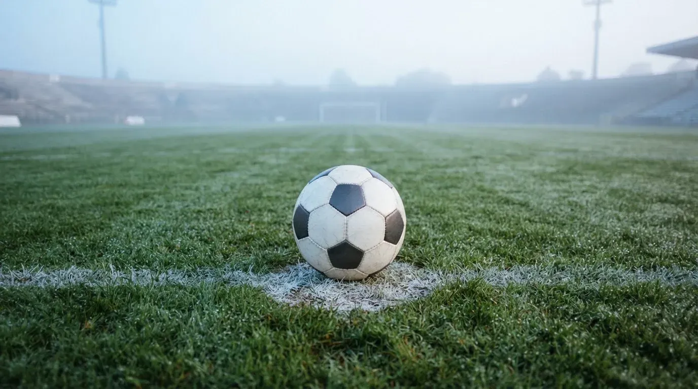 Ein einzelner Fussball liegt auf dem Anstosspunkt eines leeren Rasenplatzes am frühen Morgen, Tau glitzert auf dem Gras, die Tribüne liegt im Dunst.