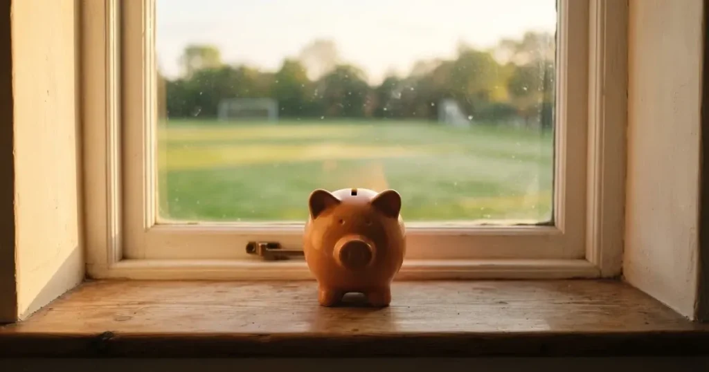 Ein kleines Sparschwein aus Keramik steht auf einem Fensterbrett, im Hintergrund ein verschwommener Rasenplatz im Morgenlicht.