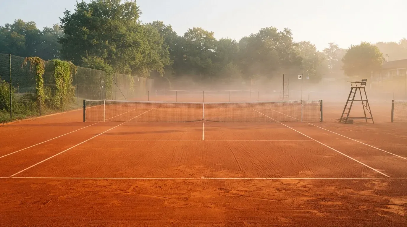 Ein Tennisplatz bei Sonnenaufgang, die Linien frisch gezogen, das Netz in der Mitte und Nebel über dem Boden.