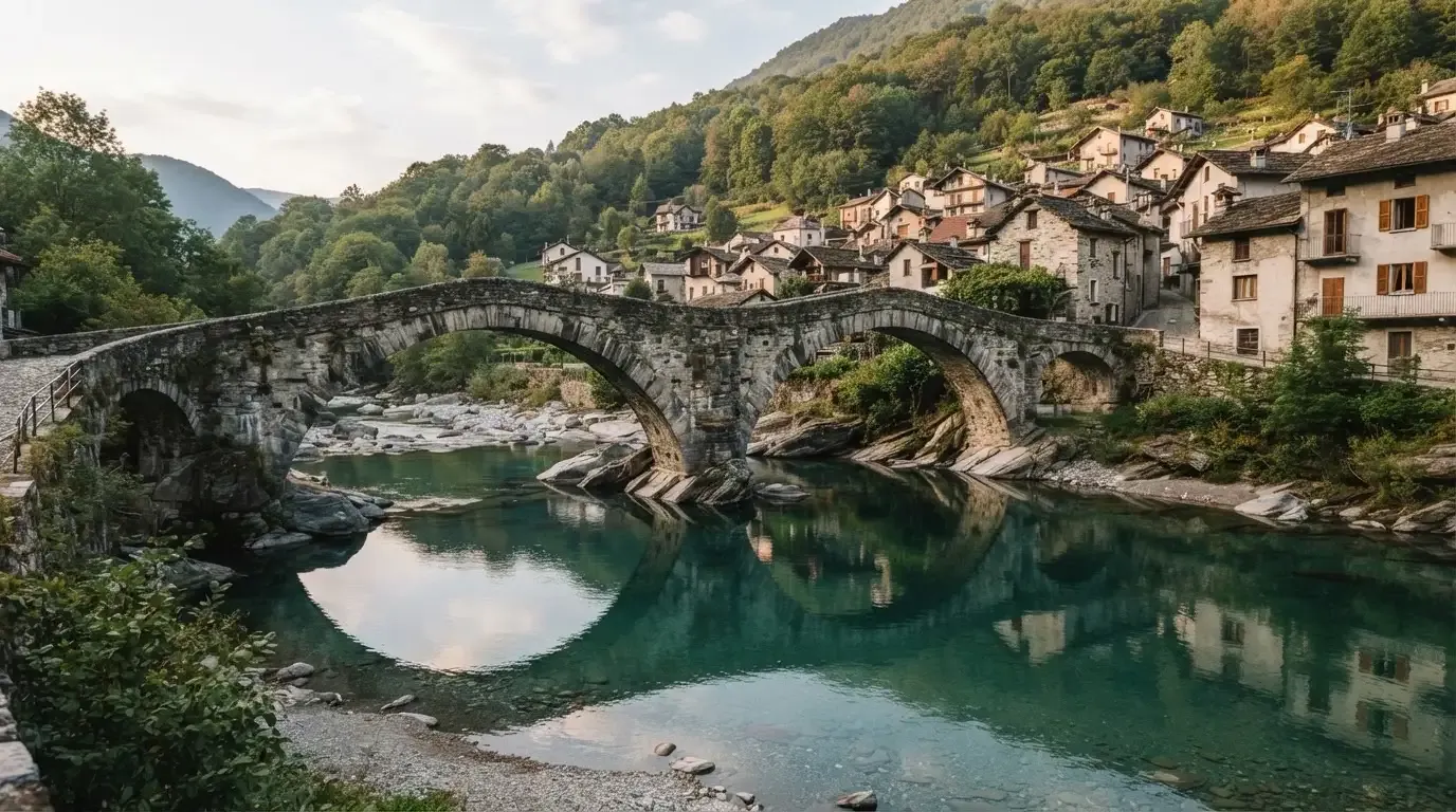 Eine alte Steinbrücke über einen ruhigen Fluss, dahinter Häuser mit Ziegeldächern und bewaldete Hügel.