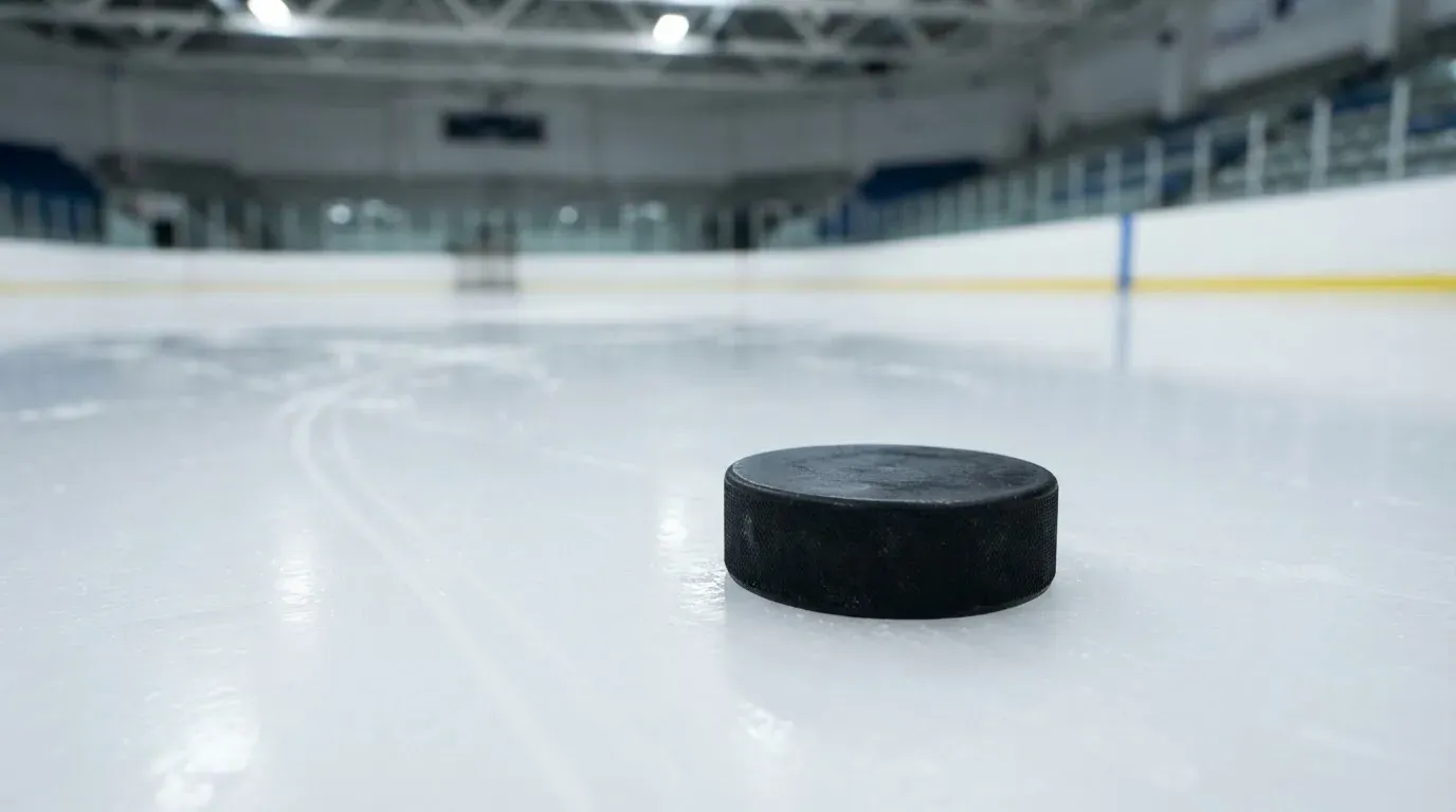 Ein Eishockeypuck liegt auf dem Eis, im Hintergrund unscharf die Bande unter hellem Hallenlicht.