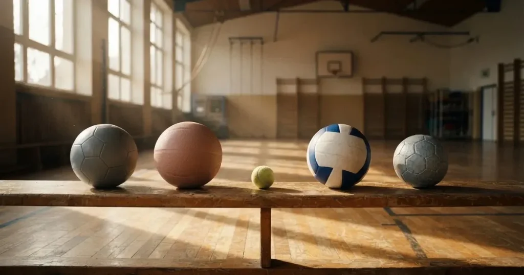 Fünf Sportbälle verschiedener Sportarten stehen in einer Reihe auf einer Holzbank in einer Turnhalle, Licht fällt durch hohe Fenster.