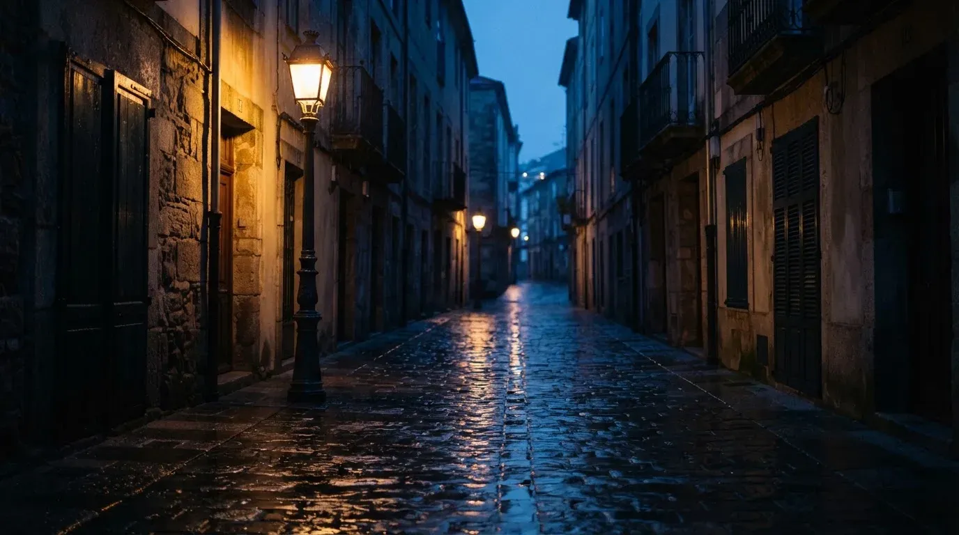 Eine Strassenlaterne in einer leeren Gasse am Abend, das nasse Kopfsteinpflaster spiegelt das warme Licht.