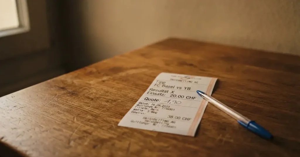 Ein leerer Wettschein aus Papier liegt neben einem Kugelschreiber auf einem Holztisch, weiches Licht fällt von der Seite.