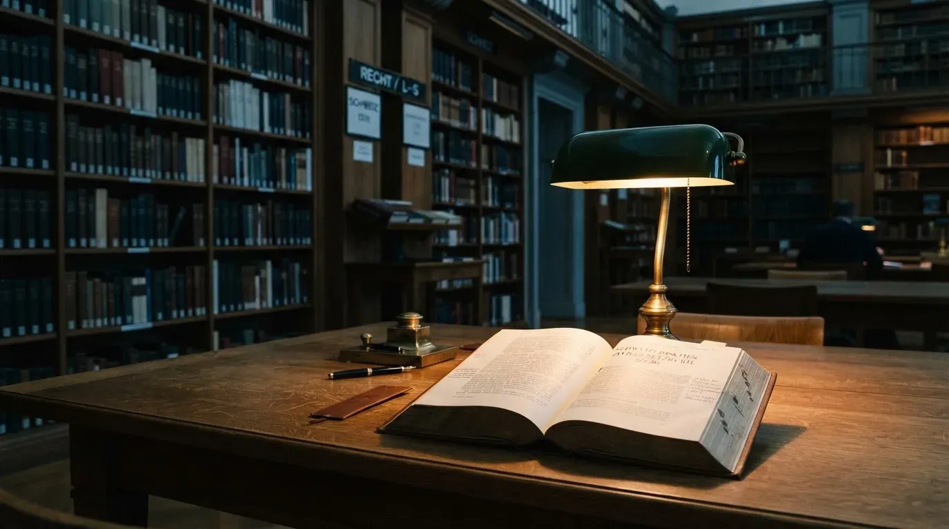 Eine Bibliothek mit hohen Holzregalen voller Bücher, im Vordergrund ein Lesetisch mit grüner Lampe.