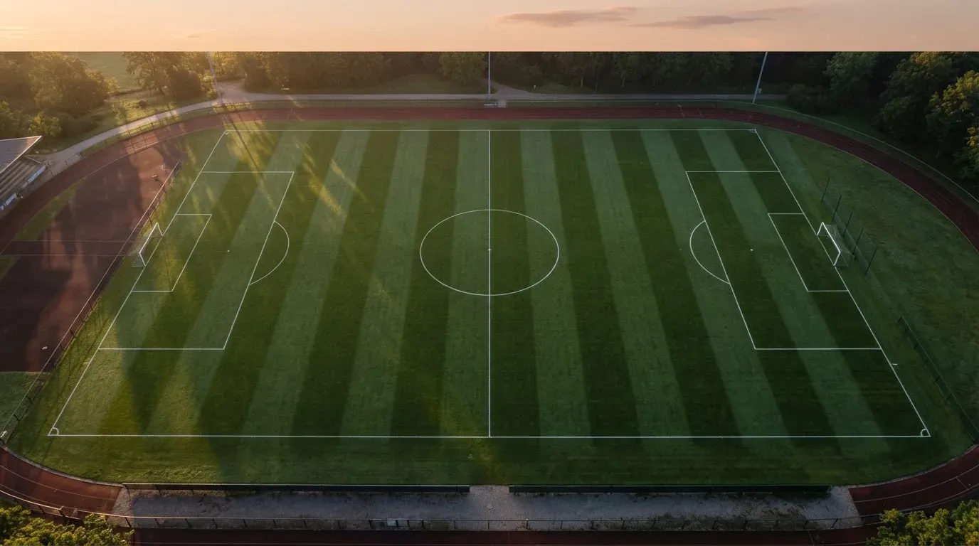 Ein Fussballplatz von oben gesehen, die Linien bilden ein helles Muster auf dem Rasen, Drohnenperspektive in der Morgendämmerung.