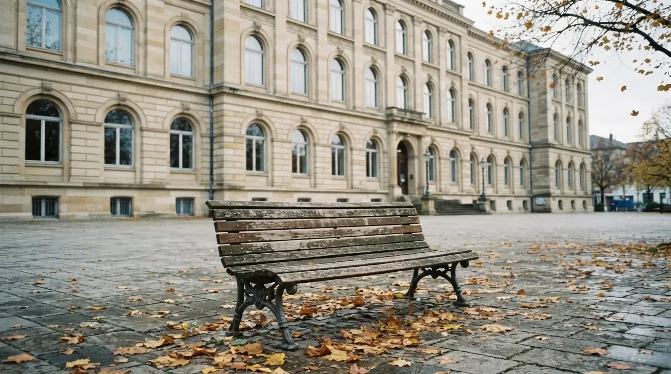 Eine Holzbank steht vor einem Verwaltungsgebäude aus Stein mit hohen Fenstern, Herbstlaub liegt auf dem Boden.