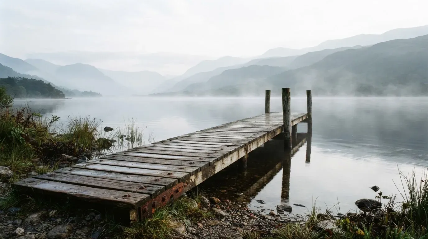 Ein Seeufer mit einem hölzernen Steg, Nebel liegt über dem Wasser, am anderen Ufer erheben sich Berge.