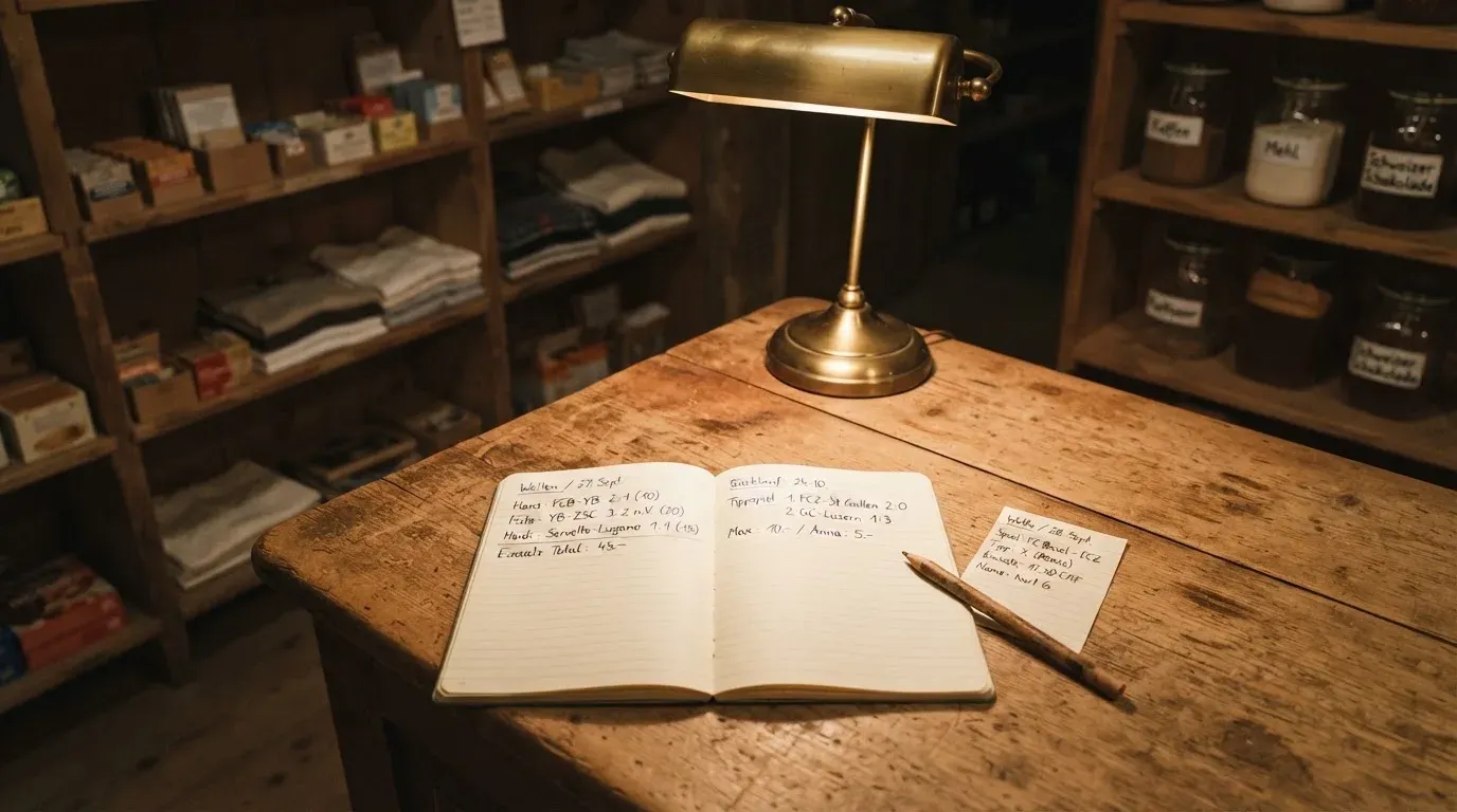 Ein alter Holztresen mit einem Notizbuch und einem Taschenrechner in warmem Lampenlicht, Regale im Hintergrund.