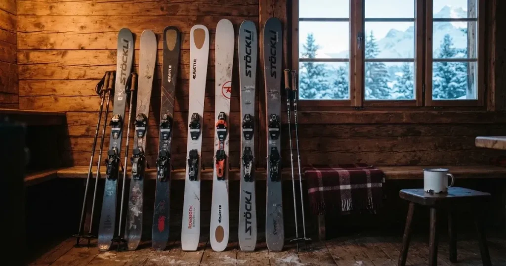 Mehrere Skier und Stöcke lehnen ordentlich in einer Reihe an der Holzwand einer Berghütte, vor dem Fenster liegt Schnee.