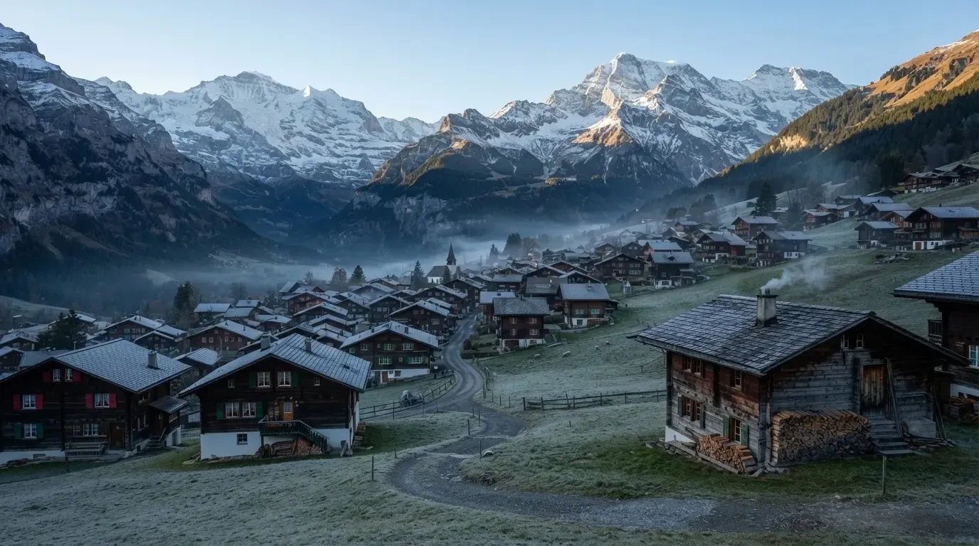 Ein Bergdorf mit Holzhäusern im Tal an einem klaren Morgen, über den Dächern liegen Nebelschwaden und Berggipfel im Hintergrund.