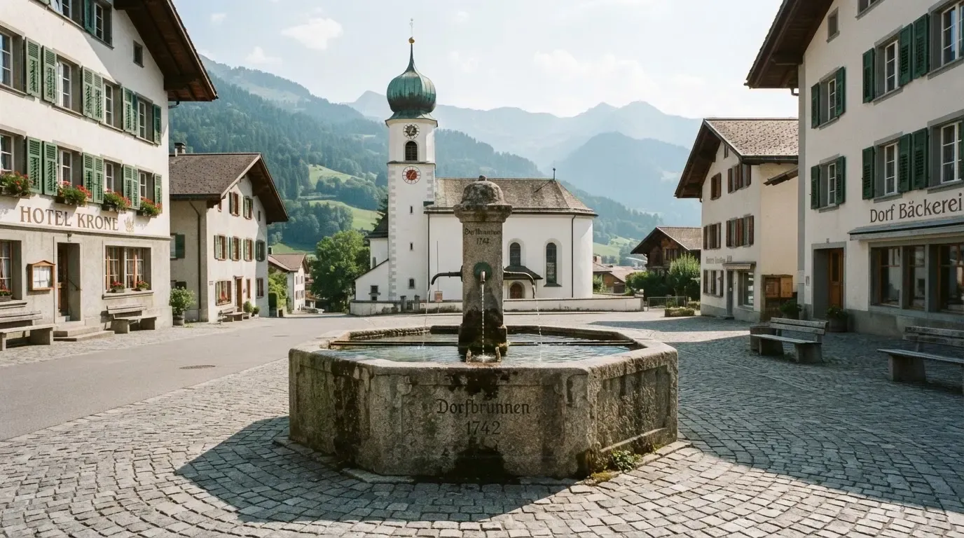 Ein Brunnen auf einem Dorfplatz mit Kopfsteinpflaster, im Hintergrund eine Kirche mit Zwiebelturm und Berge.