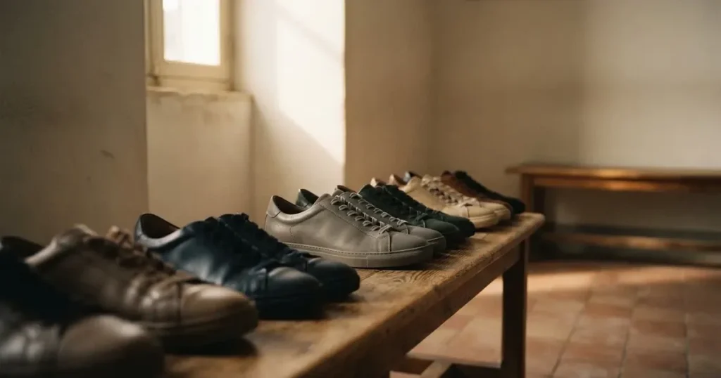 Eine Reihe Sportschuhe steht auf einer Bank in einer Umkleide, Licht fällt aus einem hohen Fenster.