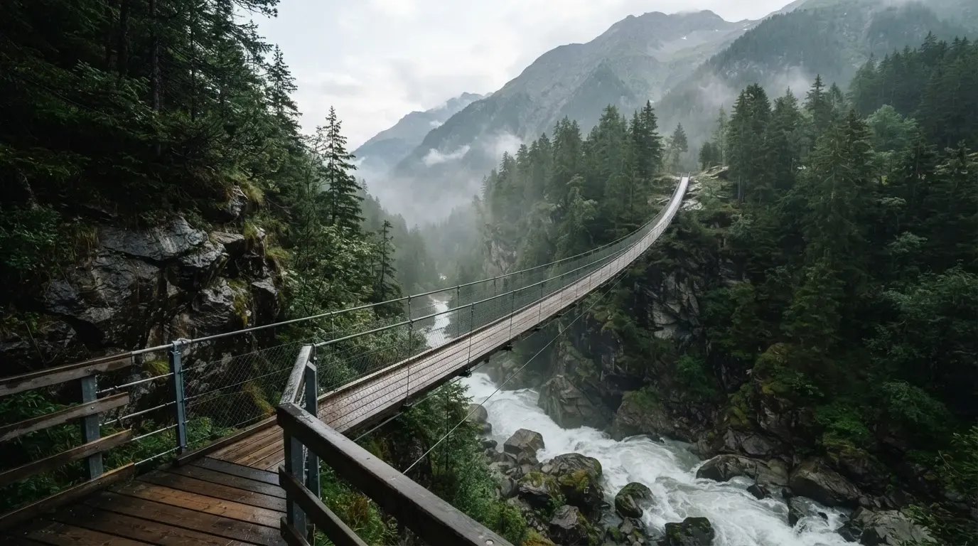Eine Hängebrücke spannt sich über eine tiefe Schlucht, unten rauscht ein Fluss zwischen bewaldeten Felswänden.