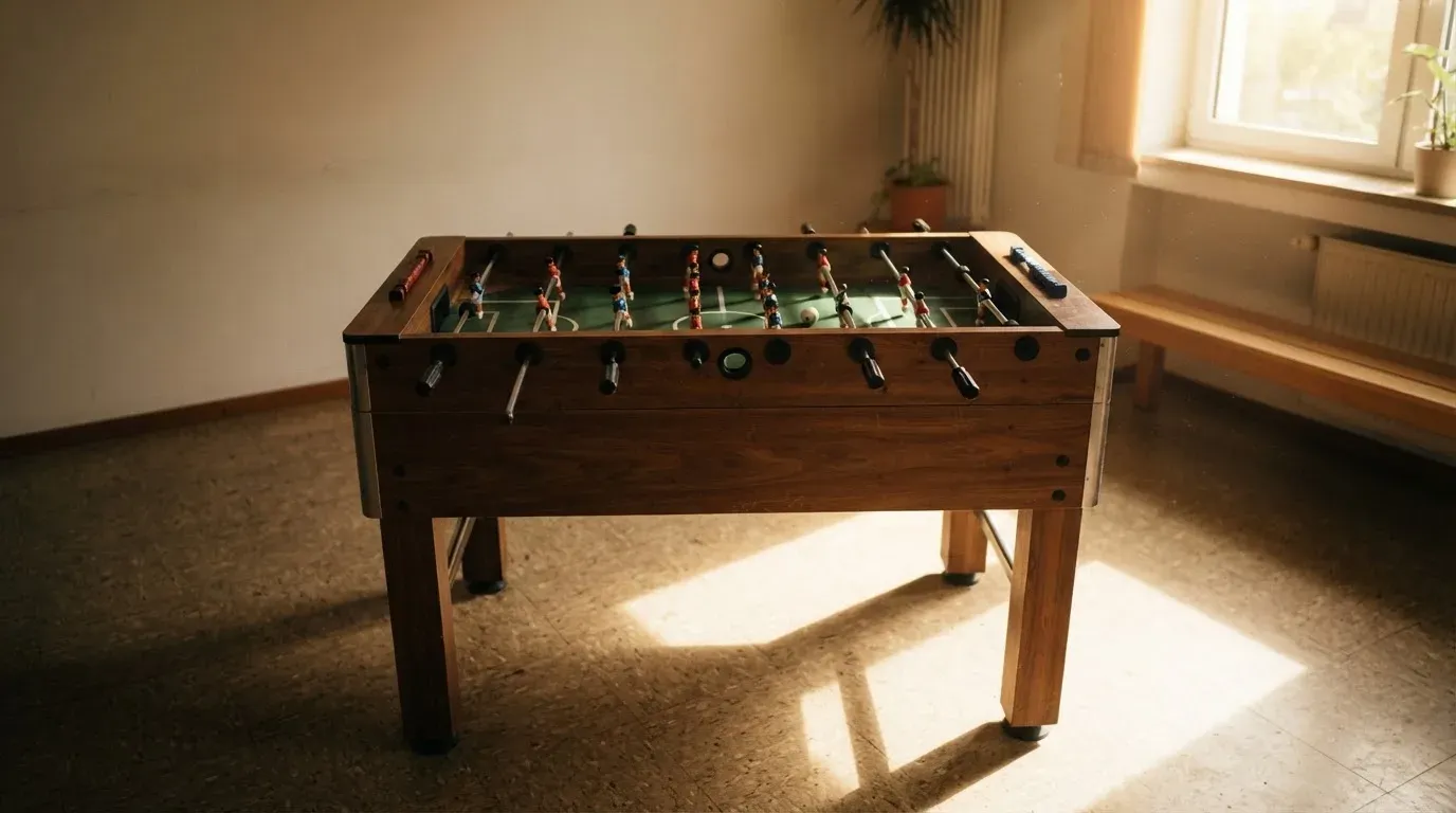 Ein Tischfussballtisch steht in einem leeren Aufenthaltsraum, Nachmittagslicht fällt durch ein Fenster.