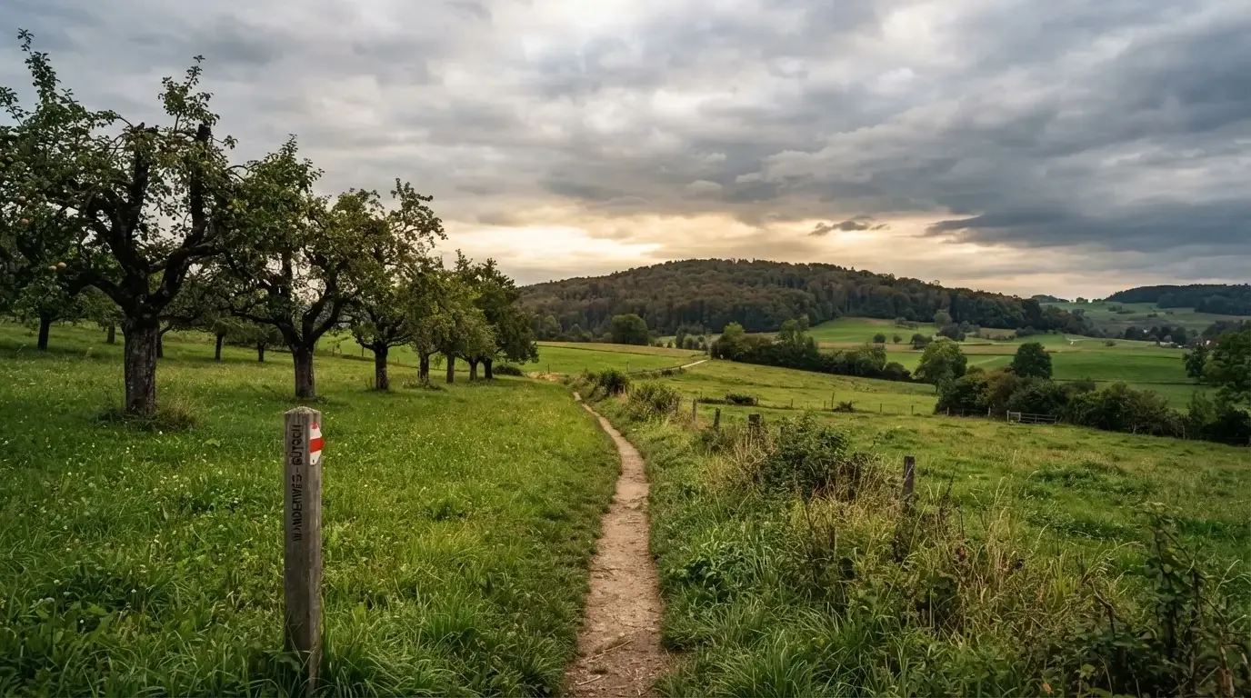 Ein Feldweg führt zwischen Wiesen zu einem Hügel, der Himmel ist bewölkt, am Wegrand stehen Obstbäume.