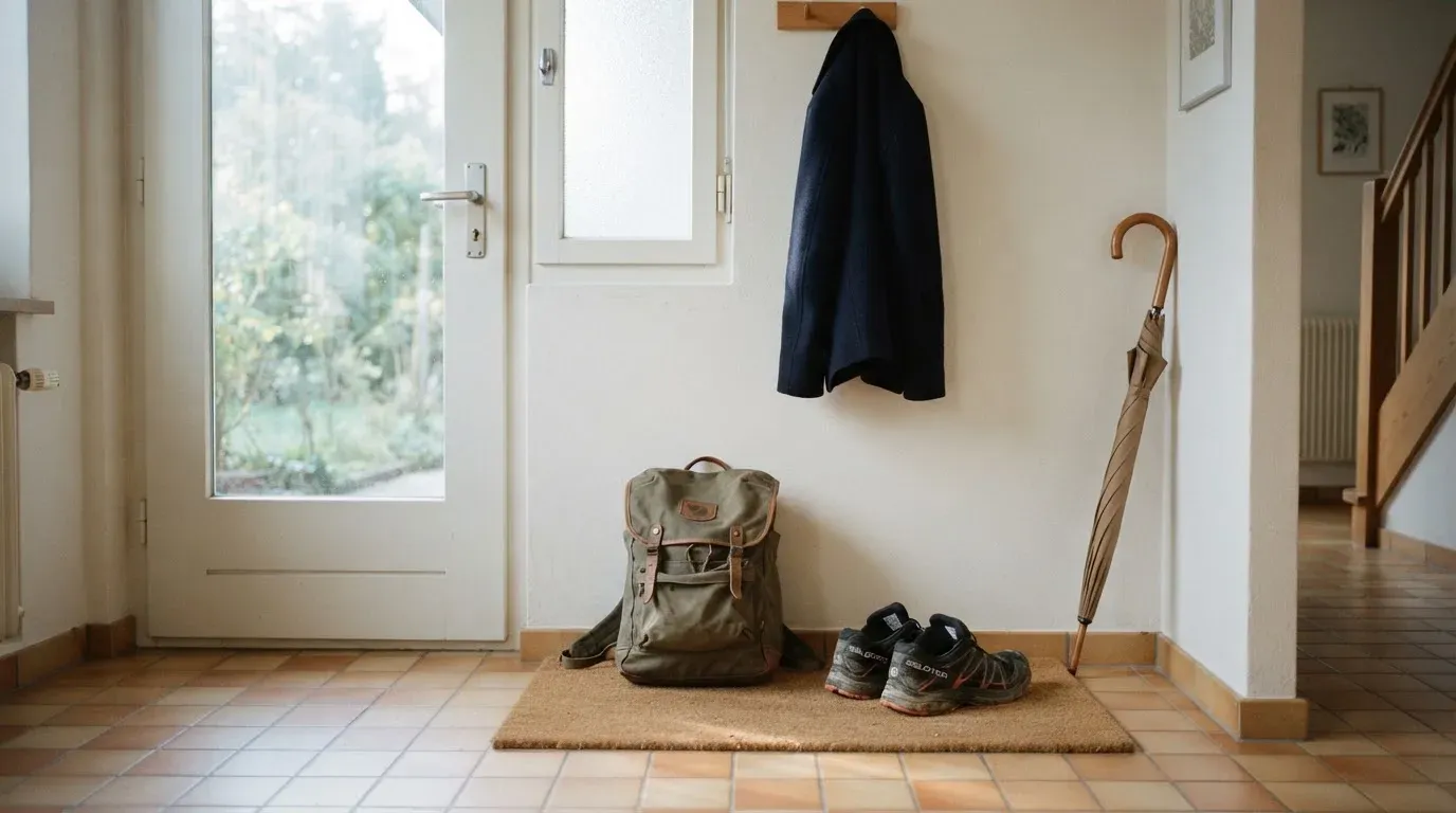 Ein Rucksack und Turnschuhe stehen an einer Haustür, daneben ein Regenschirm, durch das Glas fällt Morgenlicht.