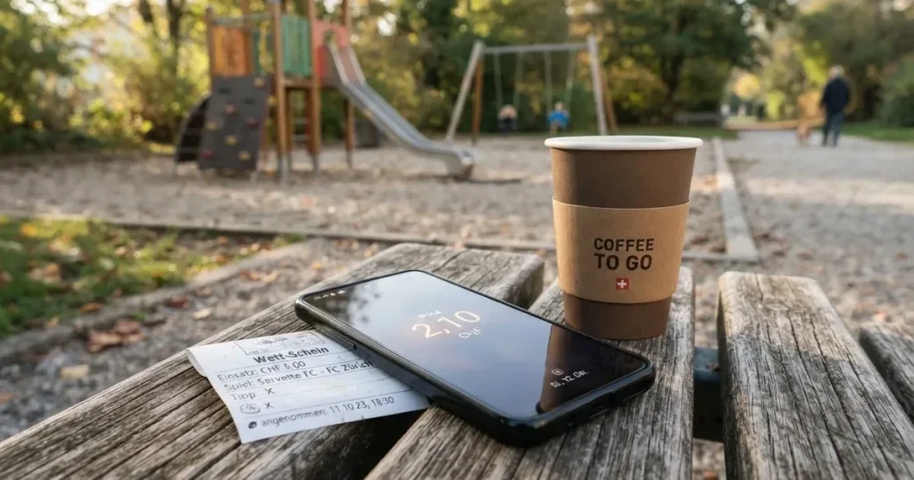 Ein Smartphone mit dunklem Display liegt auf einer Parkbank, daneben ein Kaffeebecher, im Hintergrund ein Spielplatz.