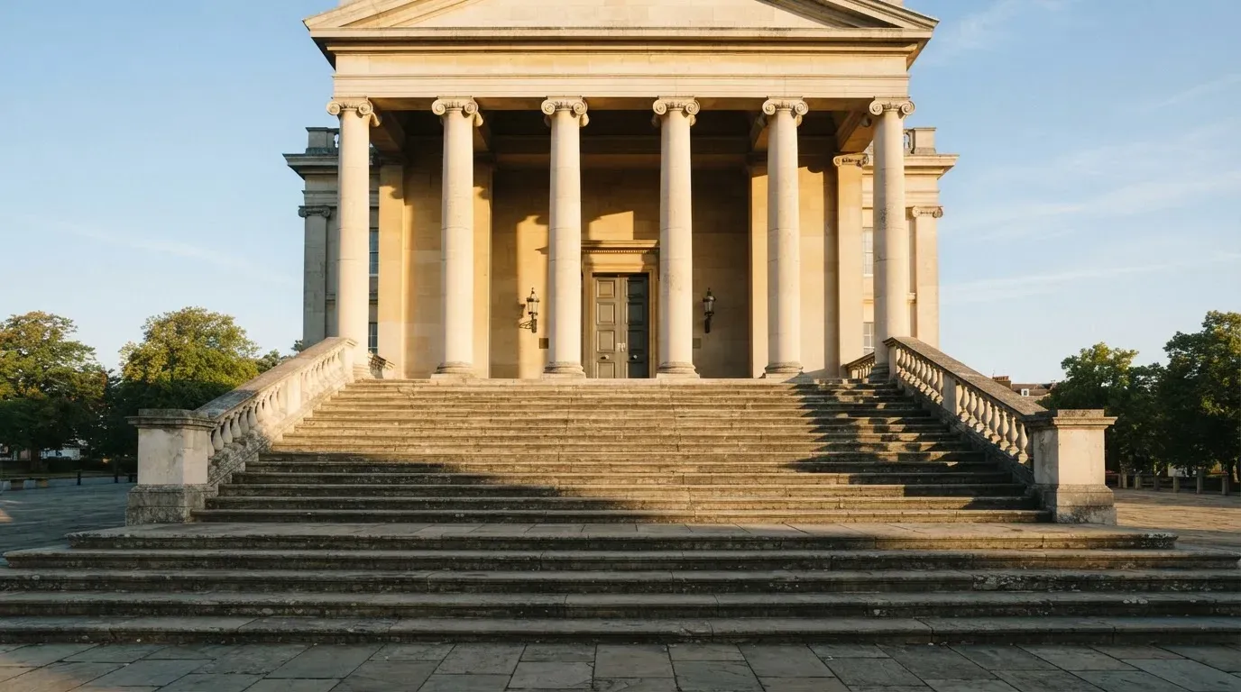 Eine breite Steintreppe führt zu einem Gebäude mit Säulen, die Morgensonne scheint, niemand ist zu sehen.