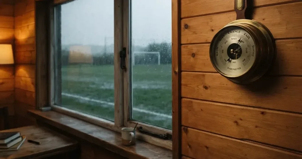 Ein Wetterbarometer hängt an einer Holzwand neben einem Fenster, draussen liegt ein nasser Fussballplatz im Regen.