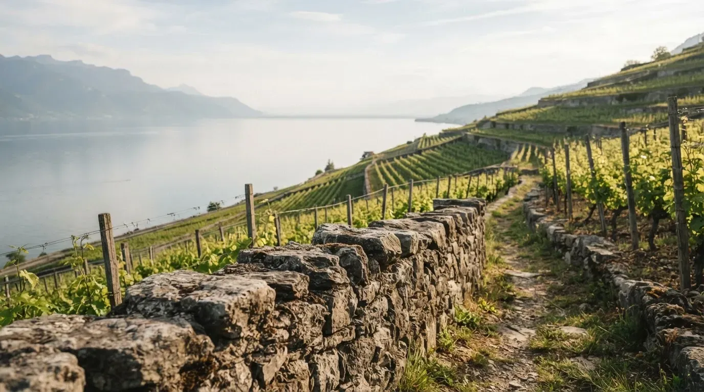 Eine Mauer aus Natursteinen am Wegrand, dahinter Weinberge, die zu einem See hinabführen.