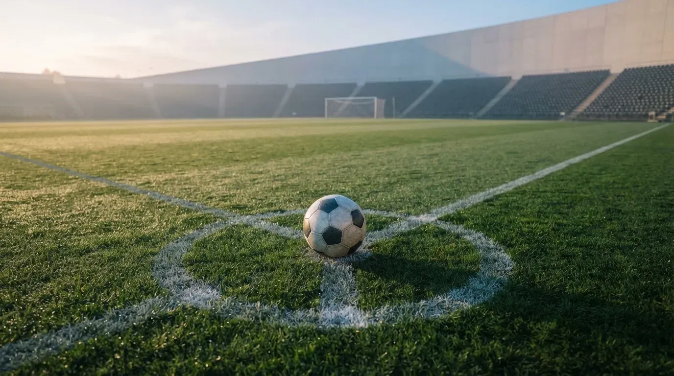 Ein Fussball liegt auf dem Anstosspunkt eines leeren Rasenplatzes im frühen Morgenlicht, dahinter erhebt sich eine menschenleere Tribüne.
