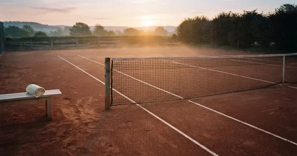 Ein Sandplatz für Tennis liegt bei Sonnenaufgang still da, das Netz wirft einen langen Schatten über die weissen Linien.
