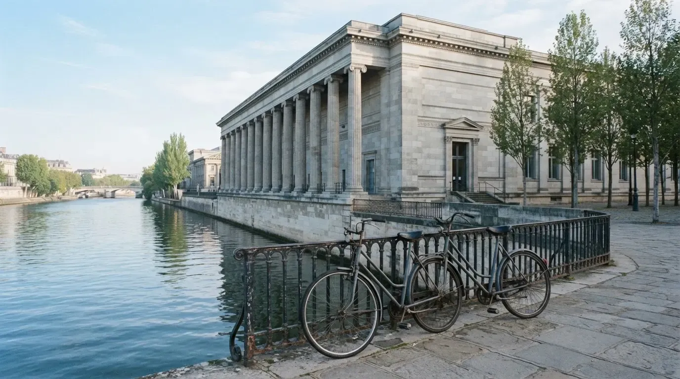 Ein Gebäude mit steinernen Säulen steht an einem Flussufer an einem klaren Morgen, davor lehnen einige Fahrräder.
