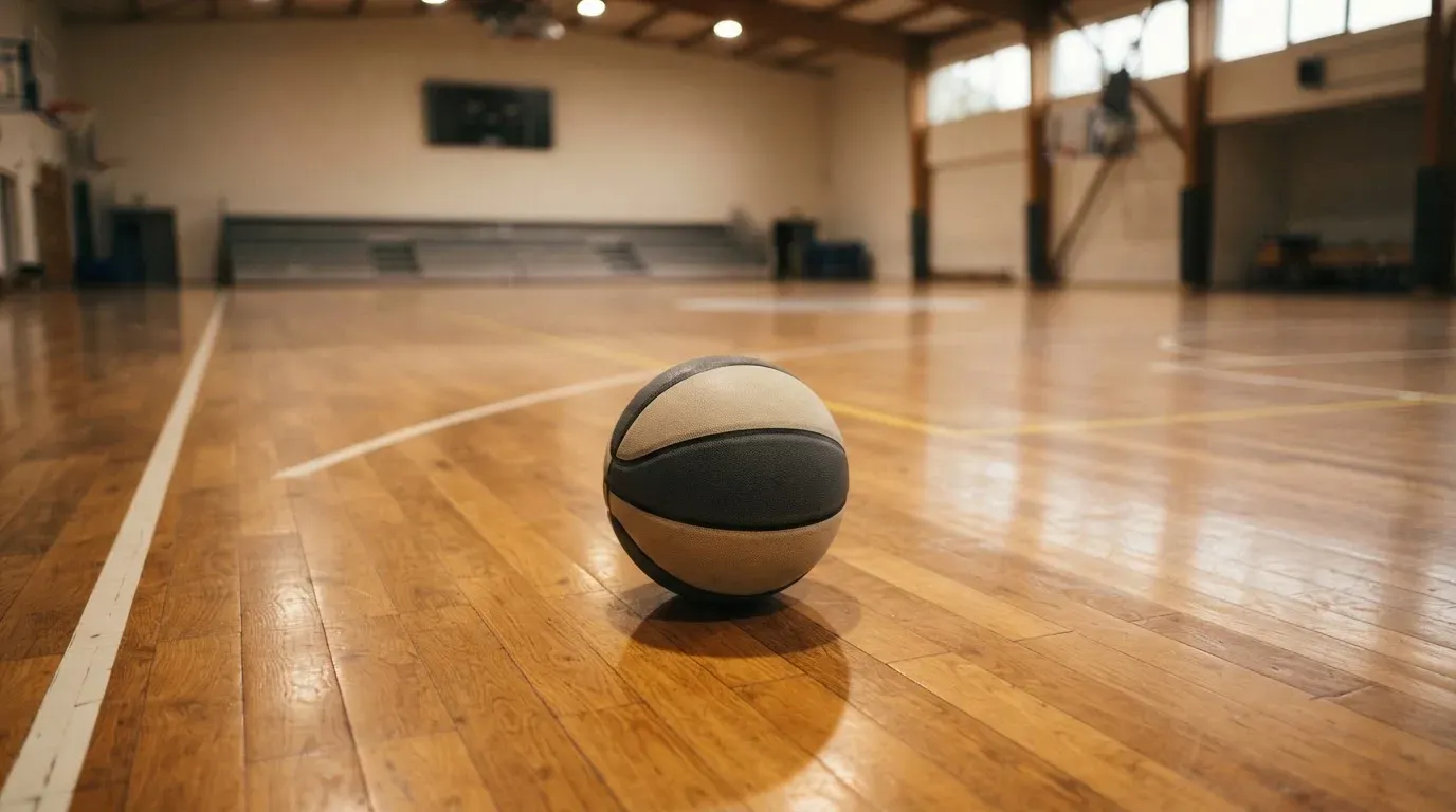 Ein Basketball liegt auf dem Parkett einer leeren Halle, von den Deckenlampen fällt gleichmässiges Licht auf den Boden.
