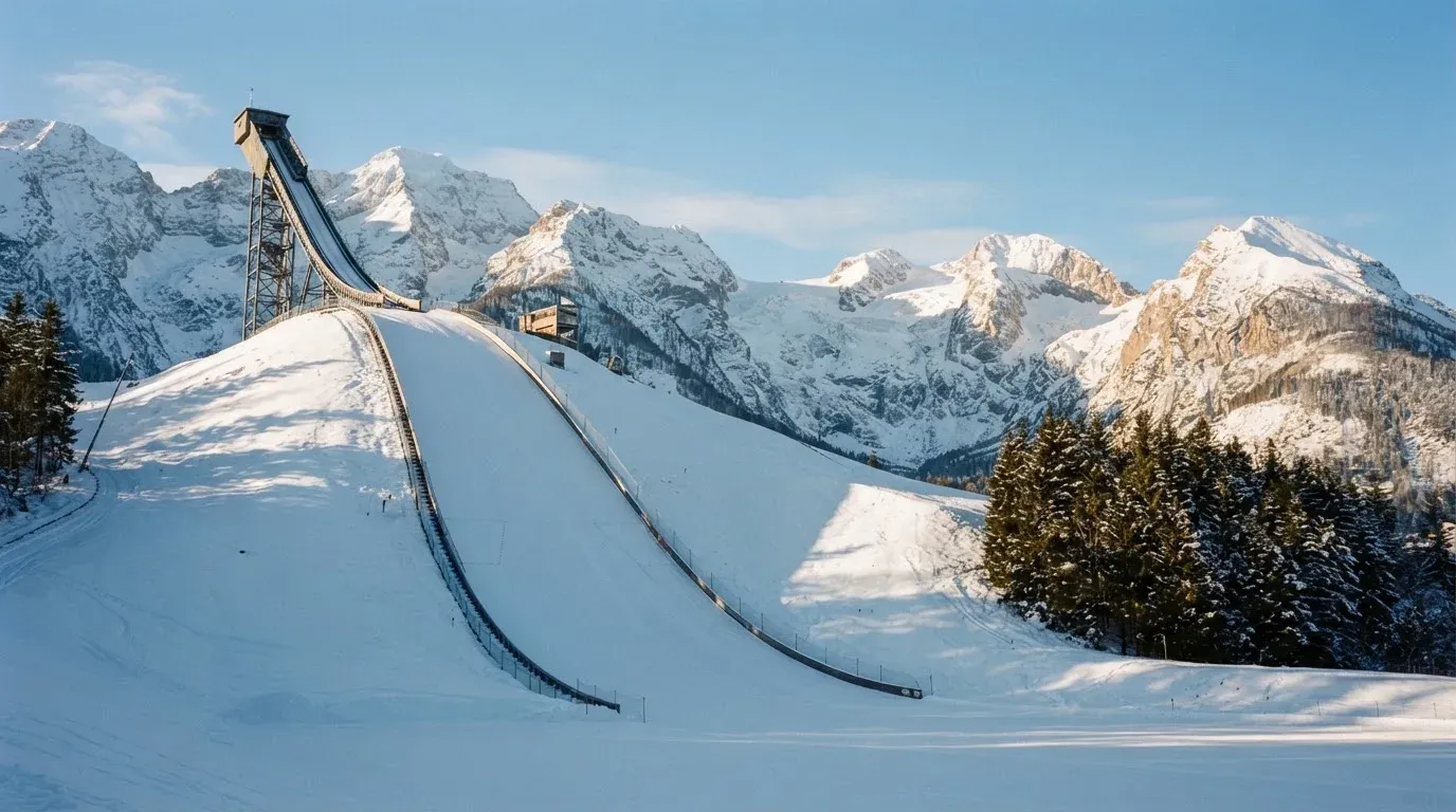 Eine Skisprungschanze erhebt sich vor verschneiten Bergen im Morgenlicht, die Hänge sind unberührt und ruhig.