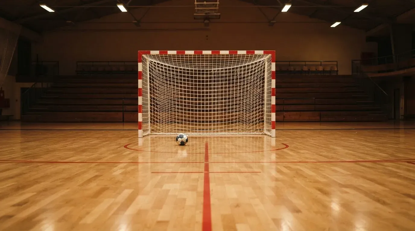 Ein Handballtor in einer leeren Sporthalle, der Ball liegt im Torraum und das Hallenlicht spiegelt sich im Parkett.