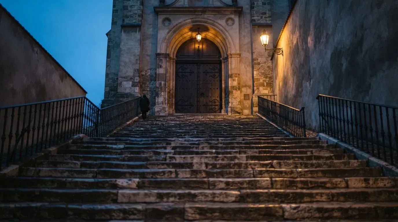 Eine breite Steintreppe führt zu einem hohen Portal aus dunklem Holz, das Licht der Dämmerung liegt auf den Stufen.