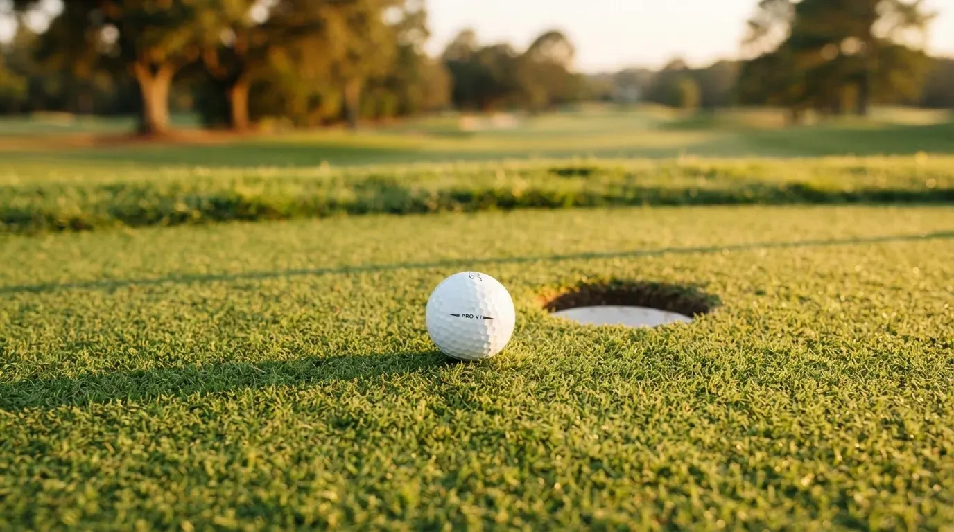 Ein Golfball liegt auf einem gepflegten Grün nahe am Loch, im goldenen Licht der Abendsonne.
