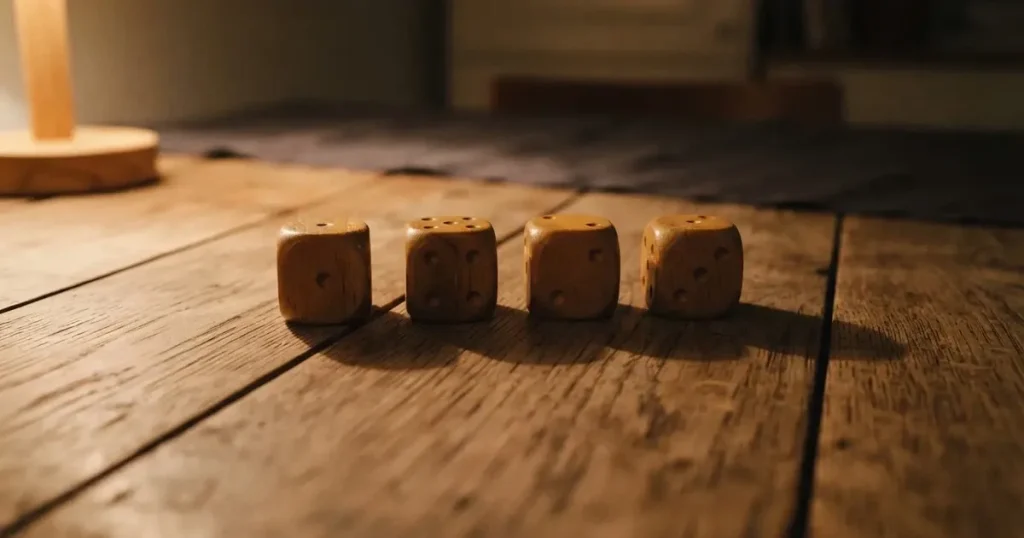 Vier Holzwürfel stehen in einer Reihe auf einem Tisch, das Licht einer Lampe wirft vier Schatten auf die Platte.