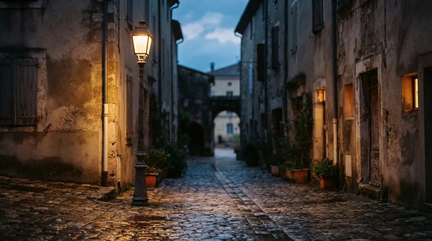 Eine gusseiserne Strassenlaterne in einer ruhigen Altstadtgasse am Abend, das Kopfsteinpflaster glänzt feucht.