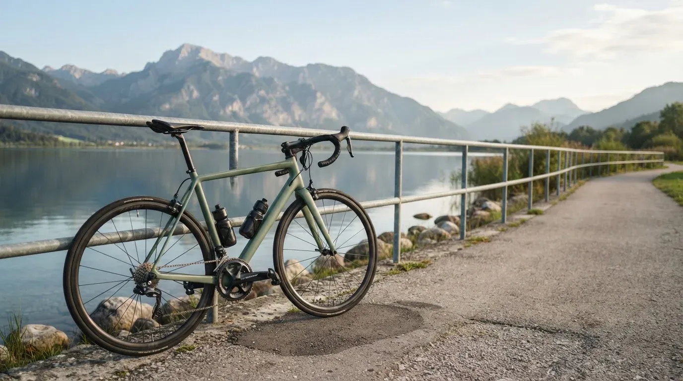 Ein Rennrad lehnt an einem Geländer am Seeufer, dahinter liegt ruhiges Wasser vor einer Bergkette.