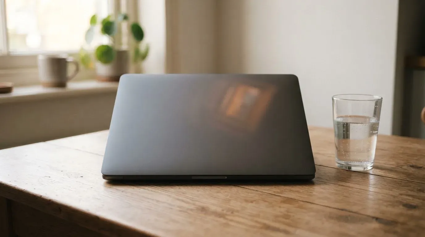 Ein geschlossener Laptop steht neben einem Glas Wasser auf einem Küchentisch im Licht des frühen Morgens.