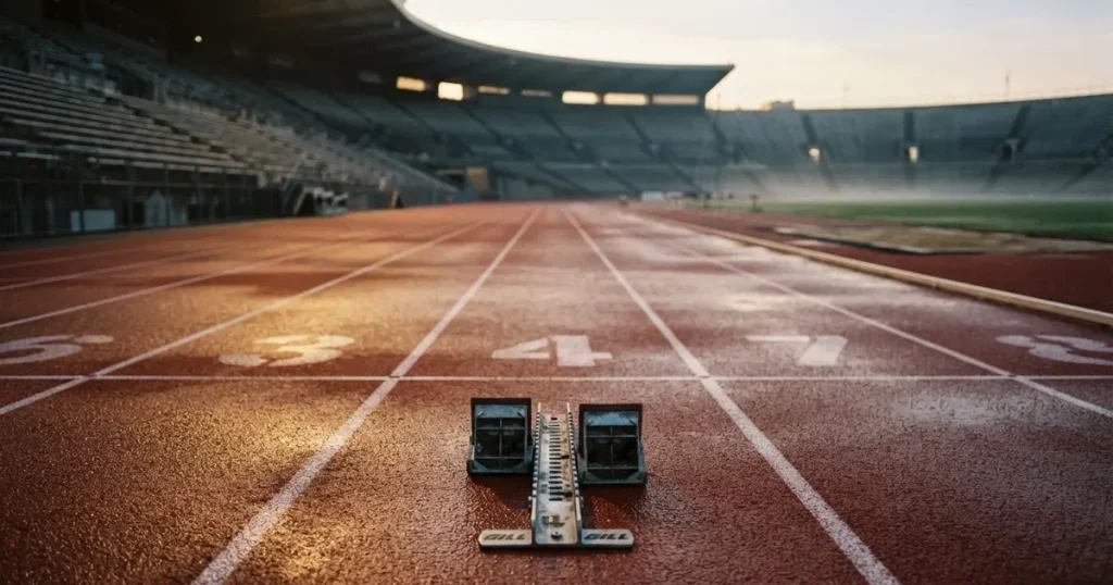 Eine leere Laufbahn mit Startblöcken in einem Stadion am Morgen, die roten Bahnen glänzen vom Tau.