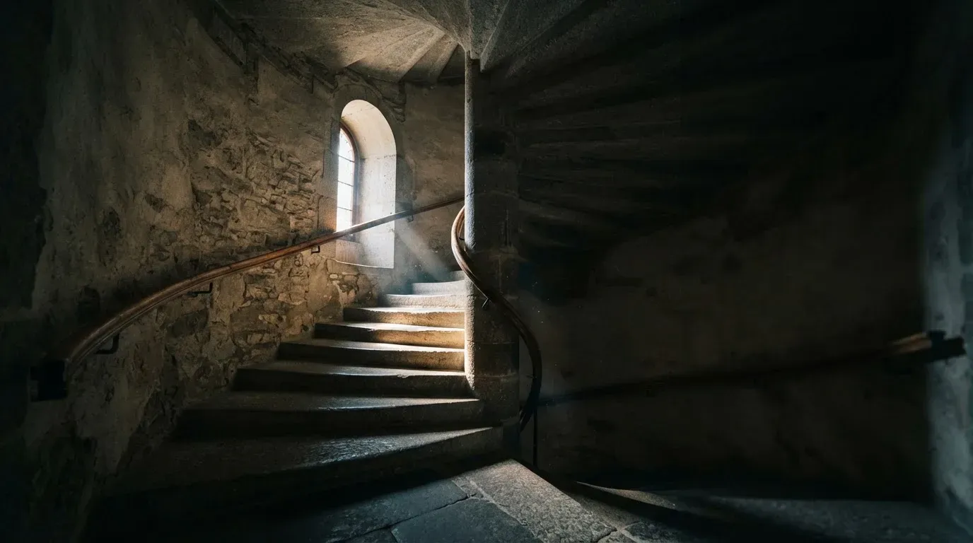 Eine Wendeltreppe aus Stein in einem alten Gebäude, Licht fällt durch ein schmales Fenster auf die Stufen.