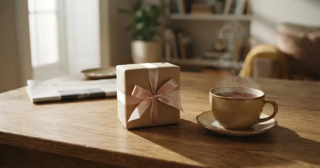 Eine kleine Geschenkschachtel mit Band steht auf einem Holztisch neben einer Tasse Tee im Licht eines Fensters.