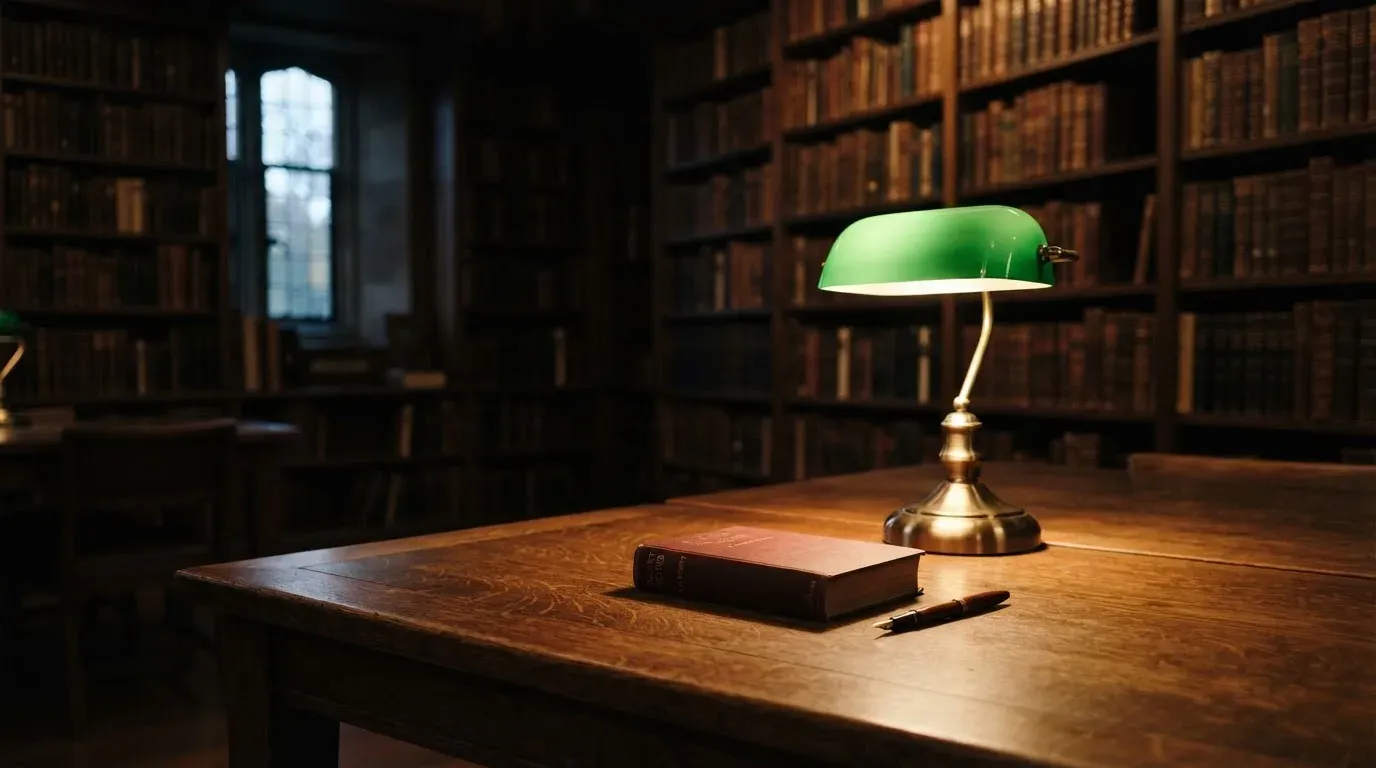 Eine Tischlampe mit grünem Schirm leuchtet auf einem Schreibtisch in einer stillen Bibliothek mit hohen Regalen.