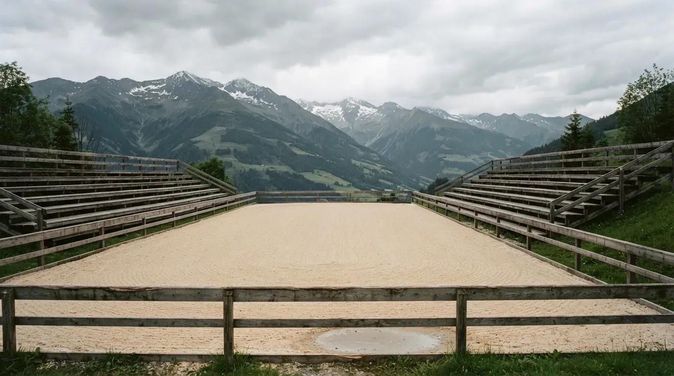Ein Sägemehlring zwischen Tribünen aus Holz vor Alpenkulisse, ruhig und menschenleer unter bewölktem Himmel.