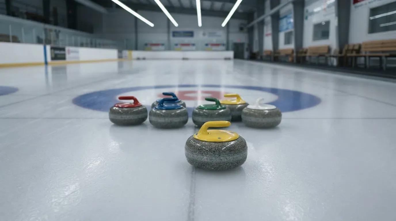 Mehrere Curlingsteine liegen auf einer glatten Eisfläche in einer leeren Halle, Deckenlicht spiegelt sich im Eis.