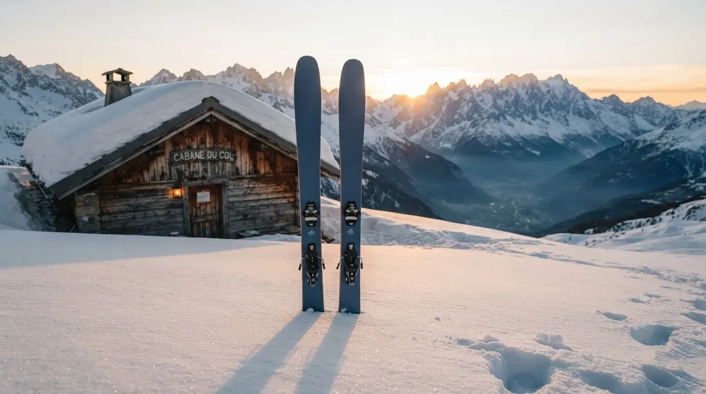 Ein Paar Ski steckt aufrecht im Schnee vor einer Berghütte, im Hintergrund färbt der Sonnenaufgang die Gipfel.