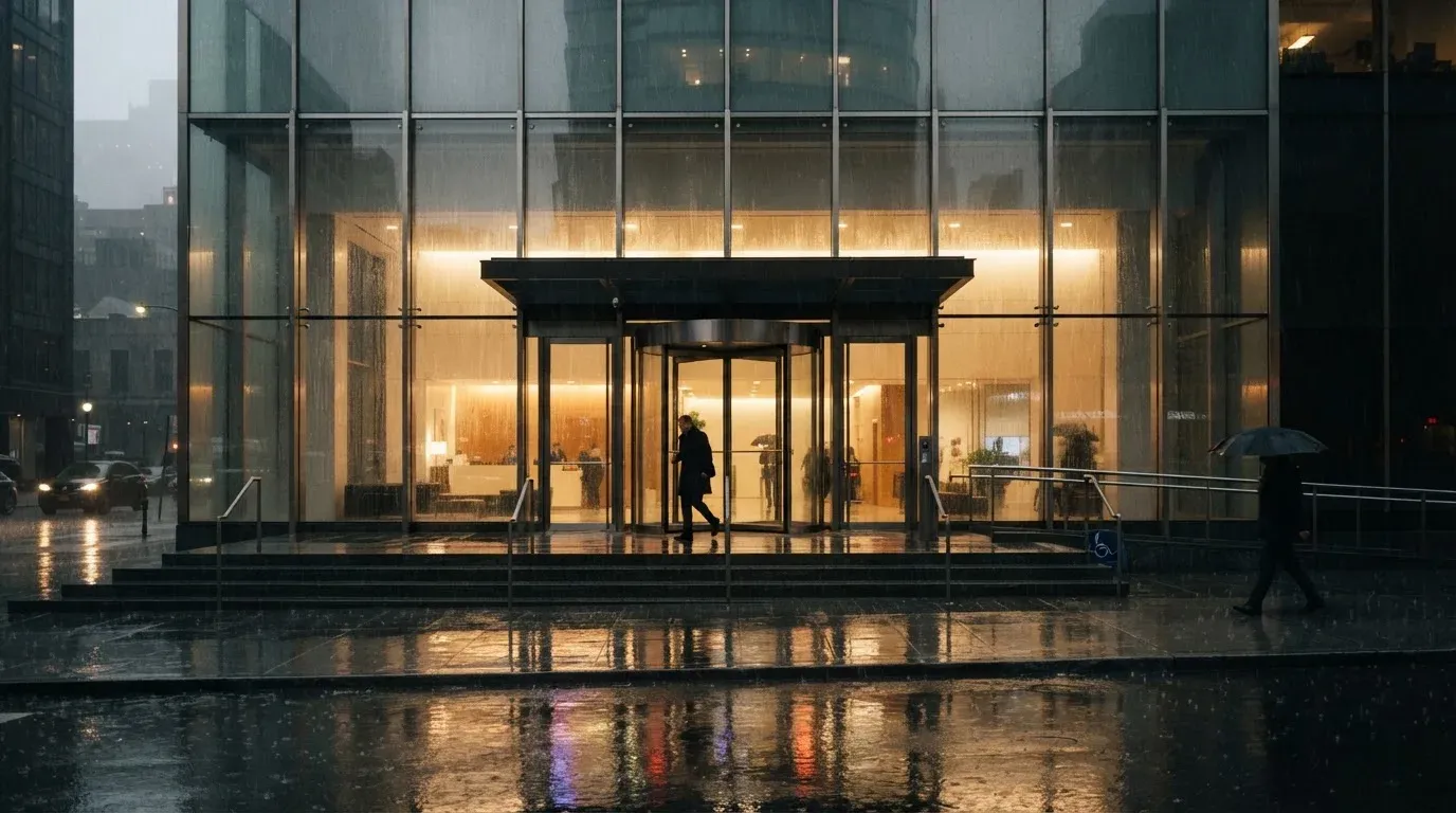 Eine Fassade aus Glas und Stahl am Eingang eines Bürogebäudes im Regen, auf dem nassen Boden spiegelt sich das Licht.