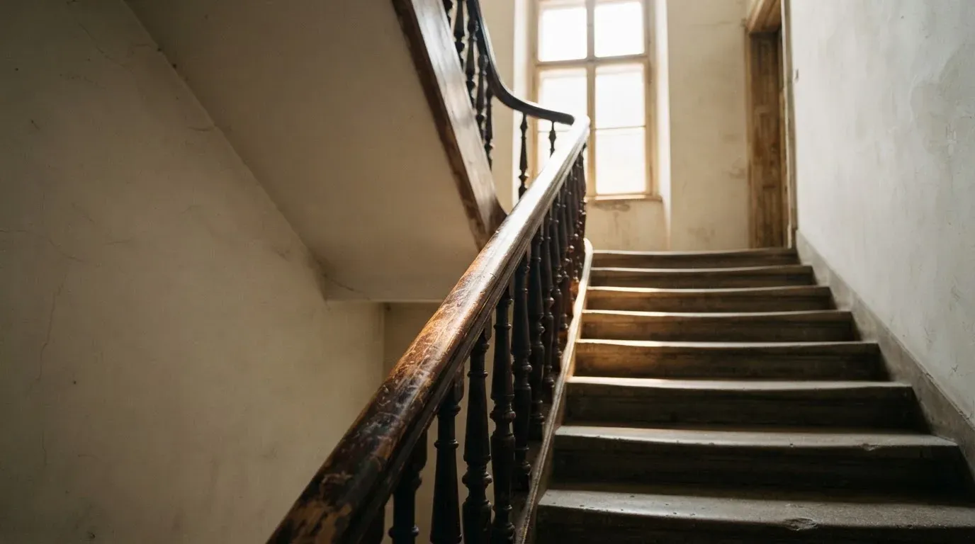Ein Holzgeländer an einer Treppe in einem Altbau, durch ein Fenster fällt Licht auf die abgetretenen Stufen.
