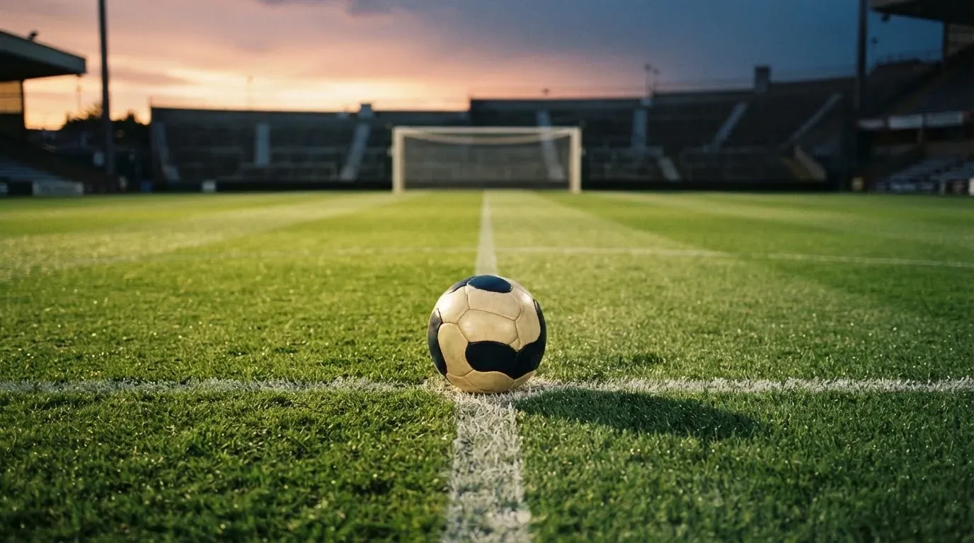 Ein Fussball liegt auf dem Mittelkreis eines leeren Rasenplatzes, dahinter ragen leere Tribünenreihen in den Abendhimmel.