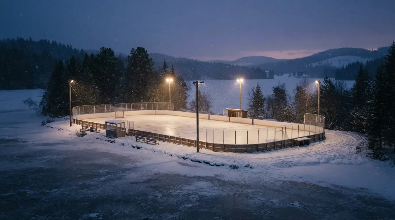 Eine Eishockeybahn liegt unter Flutlicht aus der Ferne betrachtet, leichter Schneefall treibt durch den Lichtkegel über dem Eis.