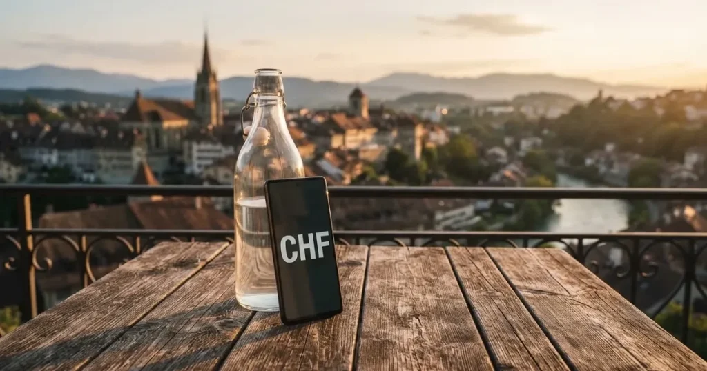 Ein Smartphone mit dunklem Display lehnt an einer Glasflasche auf einem Balkontisch, dahinter liegt eine Altstadt in der Abendsonne.