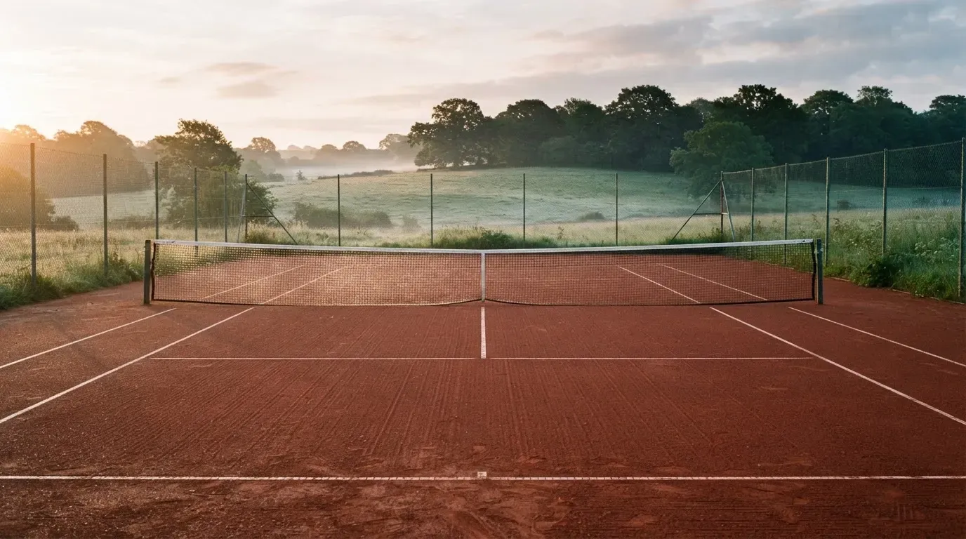 Ein Sandplatz für Tennis liegt bei Morgengrauen leer da, Tau glänzt auf dem Netz, hinter dem Zaun steigen Wiesen an.